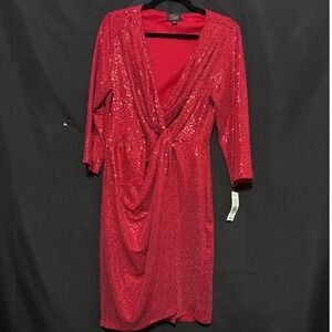 JM Studio Sequin Dress 14 Red‎ Glam Holiday Knot Front V-Neck NYE Valentines